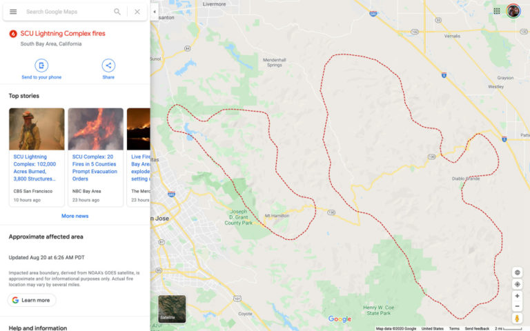Google Maps начал фиксировать границы пожаров